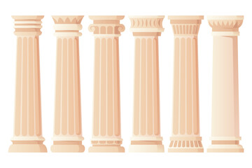 Ancient column set. Museum and exhibition. Cartoon greek or roman pillars. Antique decorative element. Cartoon flat vector isolated on white