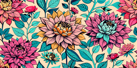 Seamless colorful pattern of hand drawn dhalia flowers with leaves - a vector illustration