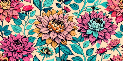 Foto auf Alu-Dibond Seamless colorful pattern of hand drawn dhalia flowers with leaves - a vector illustration © ahmta