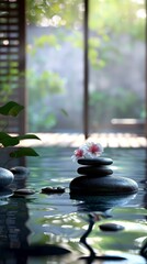 A tranquil Asian spa scene depicting relaxation and rest, post-sport recovery, embodying a healthy lifestyle