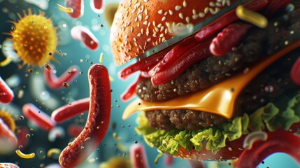 A microscopic view of a hamburger incorporating elements of bacteria, created in a 3D, unique illustrative style - obrazy, fototapety, plakaty