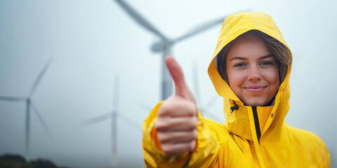 Young woman with thumb up standing in front of a wind power plant - 738164936
