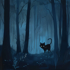 An illustration portraying a cat with gleaming eyes wandering through the midst of a silent, midnight forest(16)-Enhanced-SR.jpg
