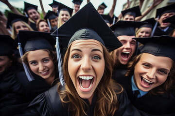 Obraz premium Excited youth graduating from college university school wearing tassel hat prom day Generative AI pic