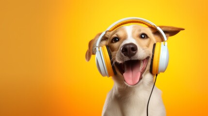 Cute dog wearing big headphones listens to music, sound therapy concept for animals, banner with copyspace	
 - obrazy, fototapety, plakaty