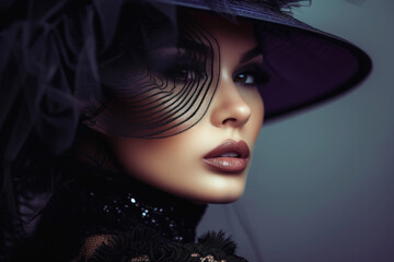 Mysterious Fashion Model in Elegant Hat with Veil and Dramatic Makeup