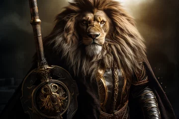Foto op Plexiglas Generative AI illustration image of wild animal lion king knight with armor and sword © Tetiana