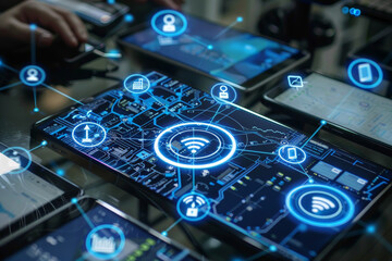 A bunch of cell phones are displayed with a circuit board on the screen