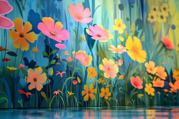 background with pastel flowers growing from water in a fantasy jungle. Generative AI