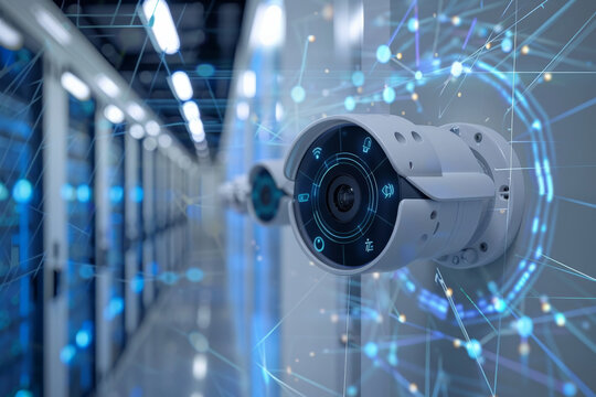 A security camera in a hallway with a blue background