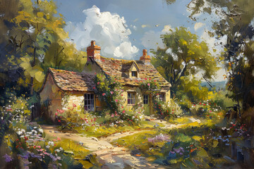 An old country cottage in the English countryside painted in a oil and acrylic style