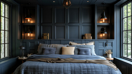 Dramatic bedroom retreat with deep, dark colors, creating atmospheric haven - obrazy, fototapety, plakaty