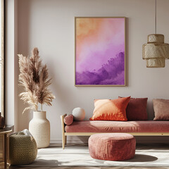60s 70s interior in beige and purple color with dry grass in a huge ceramic vase. Soft cozy sofa with pillows. Mockup picture in a frame on the wall.