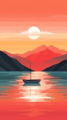 a boat on a lake, in the style of minimalist landscapes, warm tones