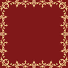 Classic vintage square red and golden frame with arabesques and orient elements. Abstract ornament with place for text. Vintage pattern