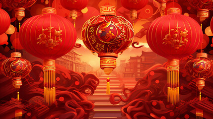 A vibrant Chinese New Year festive background paper cutouts of auspicious symbols, and intricate knots, against a backdrop of rich red silk fabric,