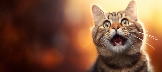 Obraz premium Happy funny excited little cat with long ears and wide open mouth on bright background, banner with copy space 