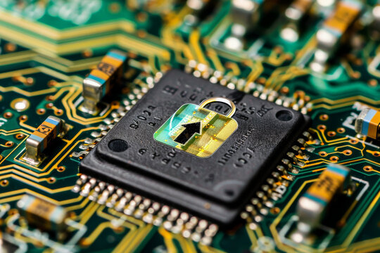 A close up of a computer chip with a padlock on it