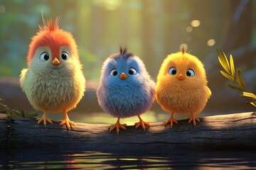 Cute group of birds sitting on a tree branch