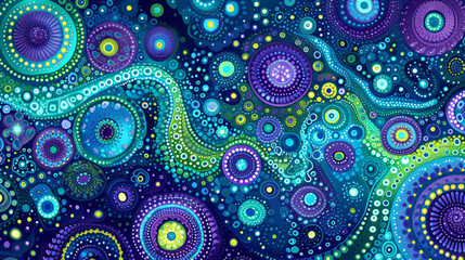 Seamless pattern: blue, green and purple designs in the style of alchemical symbolism