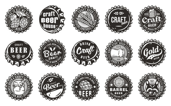 Beer Set of Retro Vintage Beer Badges and Labels for the Design of Brewed in a Craft Brewery. Collection of Premium Quality Beer and Brewery Logos for Pubs and Bars. Beer Cap or Metal Cork