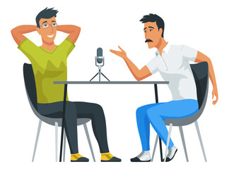 People recording podcast in radio studio. Male radio host interviewing guest. Mass media broadcasting. Sound recording equipment, microphone. Radio station cartoon characters