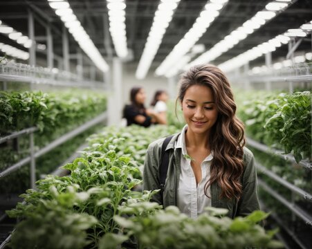 Joyful woman worker inspecting plants in an environment of smart farming innovation. Woman agronomist controls and checks tomato quality in a farm greenhouse. 