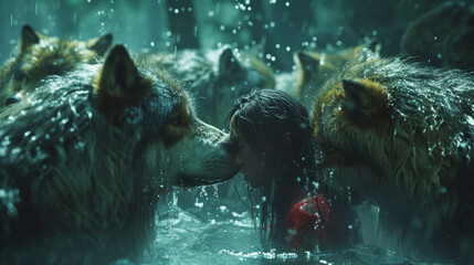 Girl with wolves in the wild.
