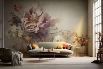 A living room with wall graffiti of flowers and plants