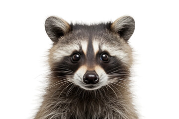 Raccoon Staring at Camera. A raccoon is seen directly facing the camera on a plain Transparent background.