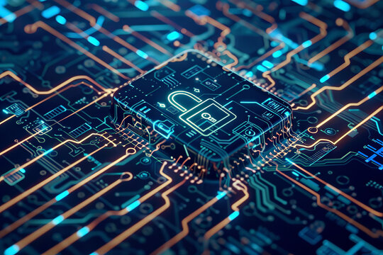 A computer chip with a padlock on it