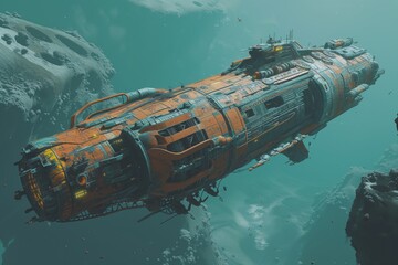 A derelict spaceship drifting in the abyss of space, full of artifacts of an alien civilization