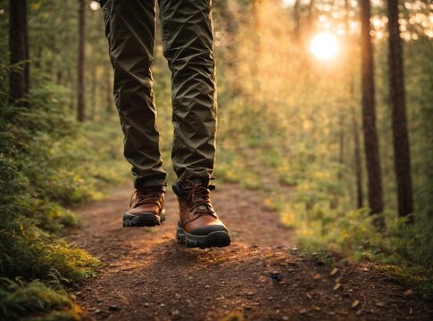 Close up of male hiker feet walking outdoors in the forest, male legs walking on a forest trail