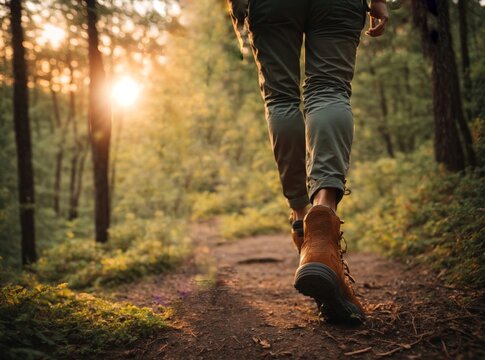 Male hiker feet walking outdoors in the forest, male legs walking on a forest trail