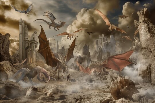 A depiction of a fantasy world where knights battle dragons against an epic landscape