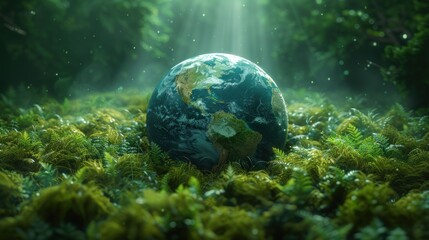 earth day, abstract image of the globe in green grass and sunlight - obrazy, fototapety, plakaty