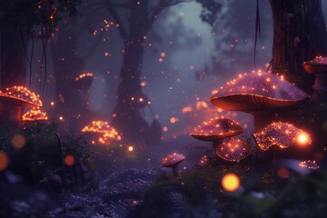 A mystical forest with glowing mushrooms and fireflies creating a magical atmosphere - obrazy, fototapety, plakaty