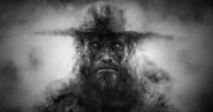 Evil sorcerer face animation. Dark man in big hat smokes cigarette. Warlock looks ahead angrily. 2D spooky movie. Scary animated 4k teaser. Coal, grunge, noise effects. Gloomy character concept.