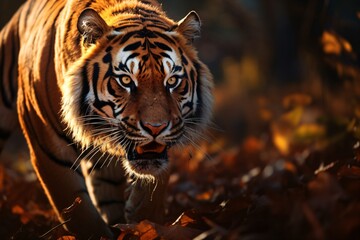 Closeup of a tiger walking slowly for hunting