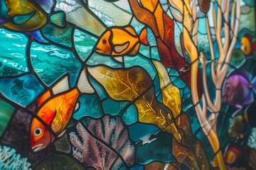 A stained glass window depicting an underwater world with fish swimming among corals and seaweed