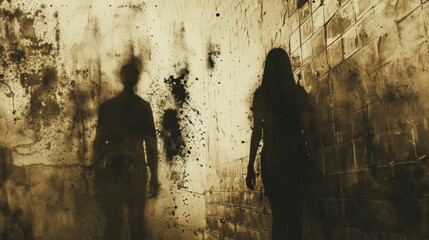 two men standing in front of a woman on a brick wall, psychological horror