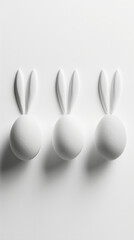 Aesthetic white Easter eggs with bunny ears on a white background. Creative stylish card. Copy space. Generative AI