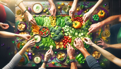 Mardi Gras Celebration with a Festive Vegetable Platter in Vibrant Colors - obrazy, fototapety, plakaty
