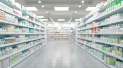 Blurry image of pharmacy shelves stocked with various medical products
