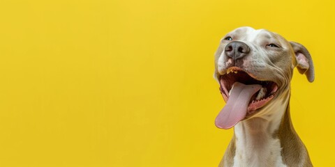 Happy funny excited little dog with long ears and wide open mouth on bright background, banner with copy space	
