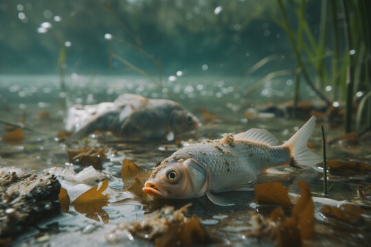 Fish swimming in a polluted river covered in sores