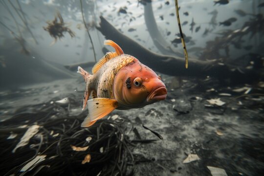 Fish swimming in a polluted river covered in sores