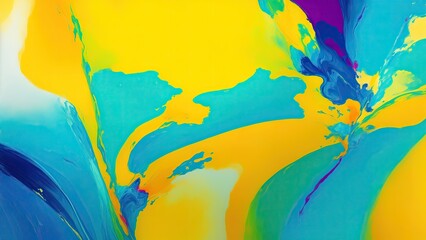 Multi colored abstract painting with bright Cyan and yellow