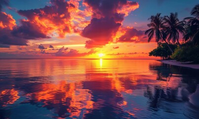 Fototapeta na wymiar Serene scene: colorful sky reflected on a tropical beach.