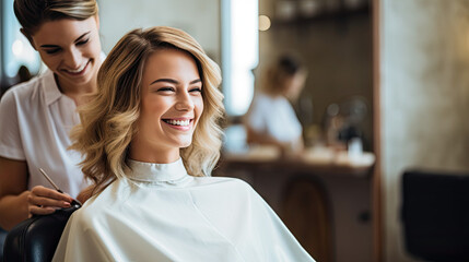 Obraz premium smiling hairdresser doing haircut for woman in beauty salon